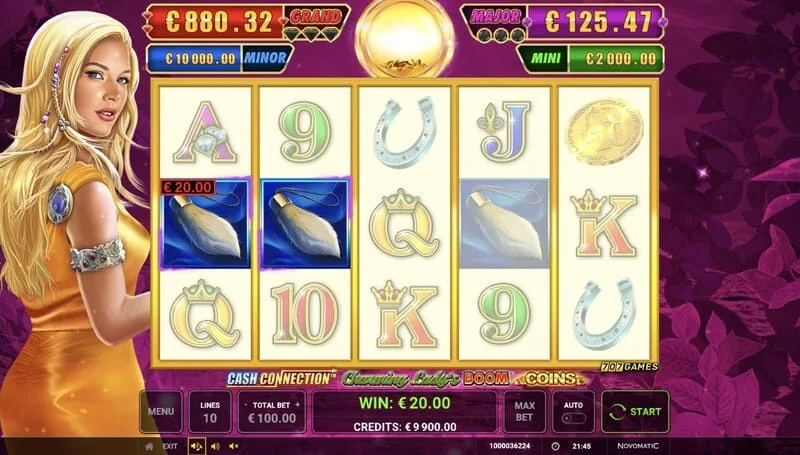 Cash Connection - Charming Lady's Boom Coins - základná obrazovka s výhrou v riadku