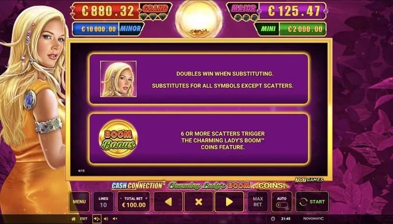 Cash Connection - Charming Lady's Boom Coins - začiatok kola Boom Coins na mriežke 7x5