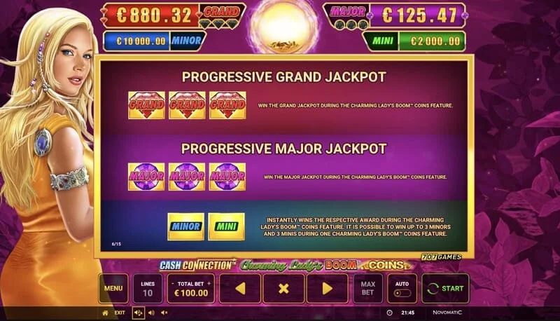 Cash Connection - Charming Lady's Boom Coins - tabuľka jackpotov Mini, Minor, Major a Grand