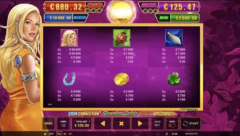 Cash Connection - Charming Lady's Boom Coins - minihra Boom Spins na rozšírenej mriežke